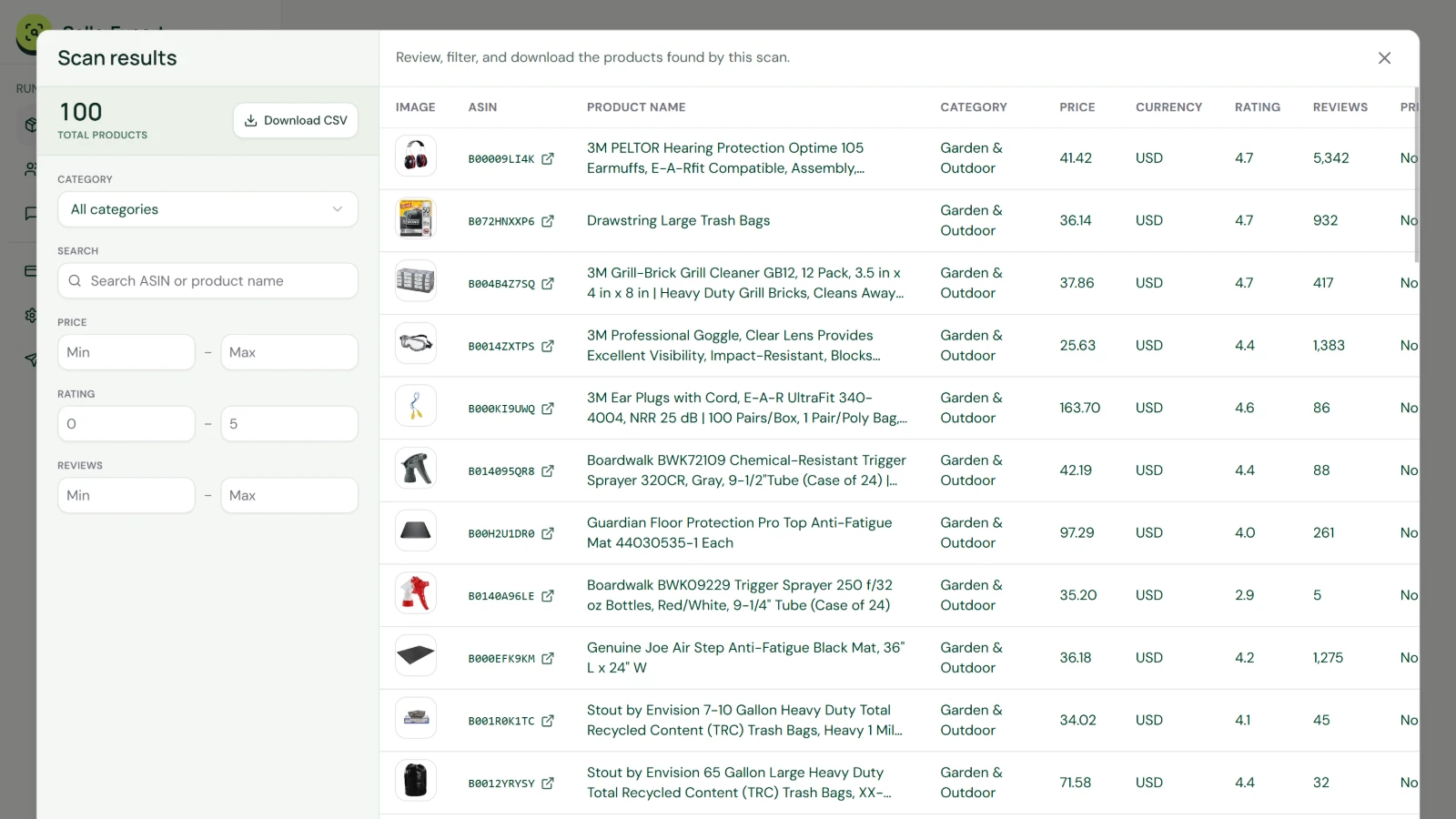 SellerExport Seller Products scan results with catalog filters and product rows for ASIN, product name, category, price, rating, and review count.