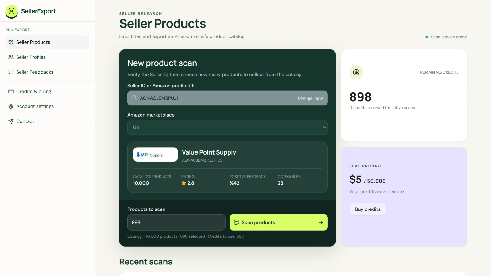 SellerExport Seller Products scan setup showing a verified Amazon seller, marketplace selection, catalog metrics, product scan limit, and available credits.